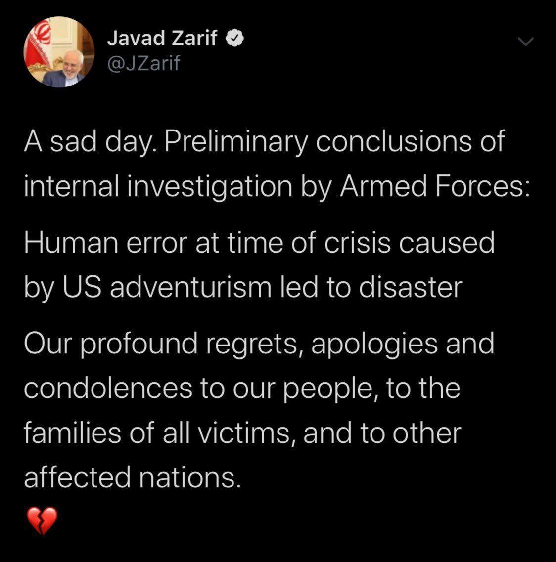 توییت ظریف درباره نتایج علل سقوط هواپیمای اوکراینی