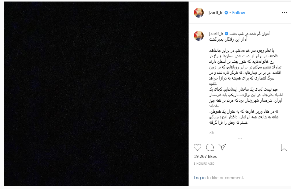 ابراز همدردی وزیر امور خارجه کشور با خانواده‌های قربانیان حادثه سقوط هواپیما در اینستاگرام+تصویر