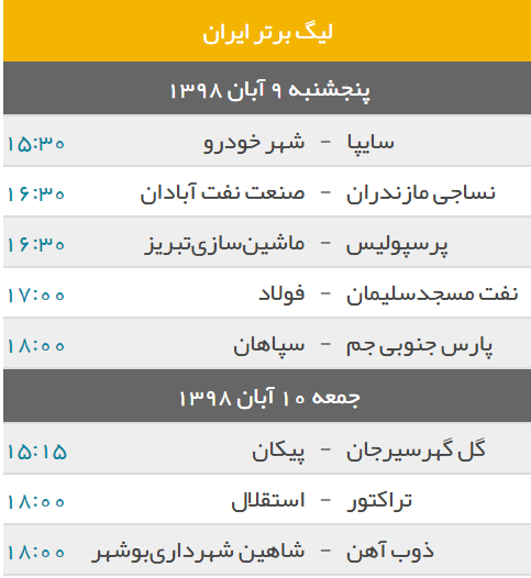 برنامه بازی های هفته نهم لیگ برتر + جدول لیگ برتر
