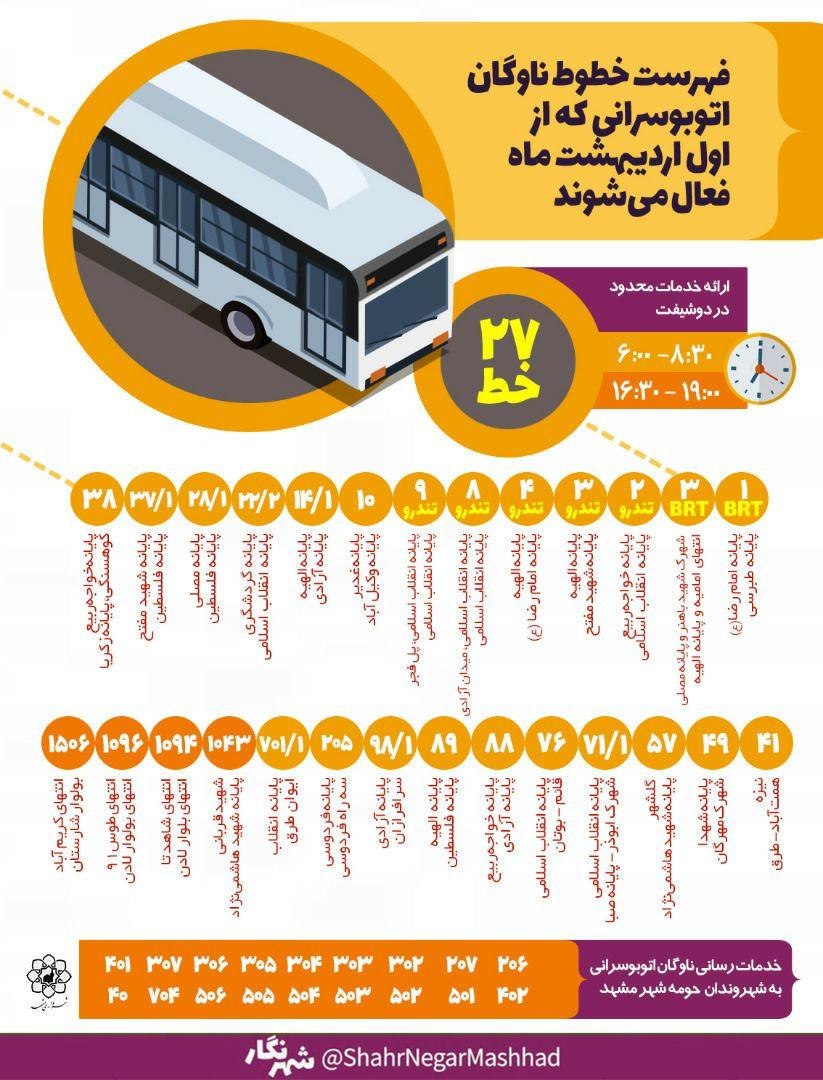 فهرست خطوط فعال اتوبوسرانی مشهد از اول اردیبهشت۹۹
