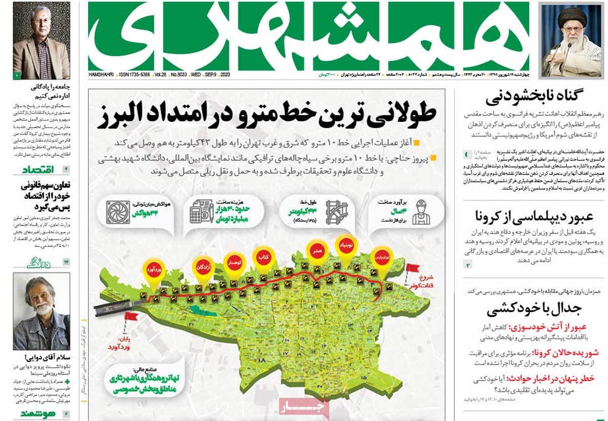 صفحه نخست روزنامه‌های کشور - چهار‌شنبه ۱۹ شهریور ۱۳۹۹