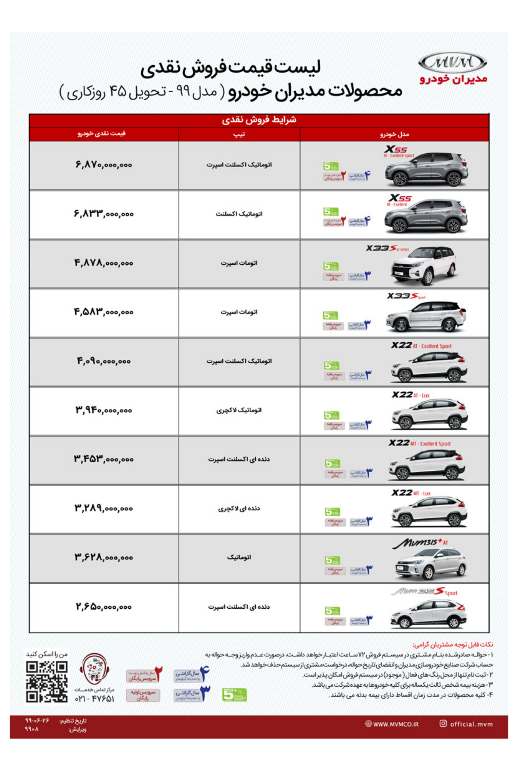 شرایط فروش و قیمت جدید محصولات مدیران خودرو + جدول (مهرماه ۹۹)