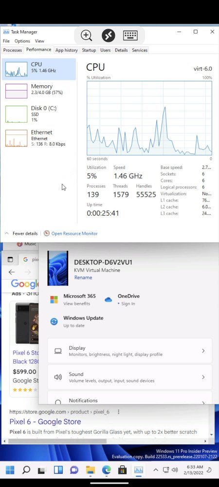اجرای ویندوز ۱۱ روی گوگل پیکسل ۶ مجهز به اندروید ۱۳ 