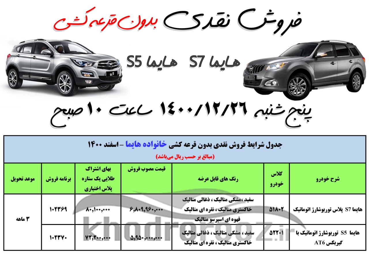فروش فوری ایران خودرو بدون قرعه‌کشی (محصولات هایما) از روز پنجشنبه ۲۶ اسفندماه ۱۴۰۰ + جدول و بخشنامه