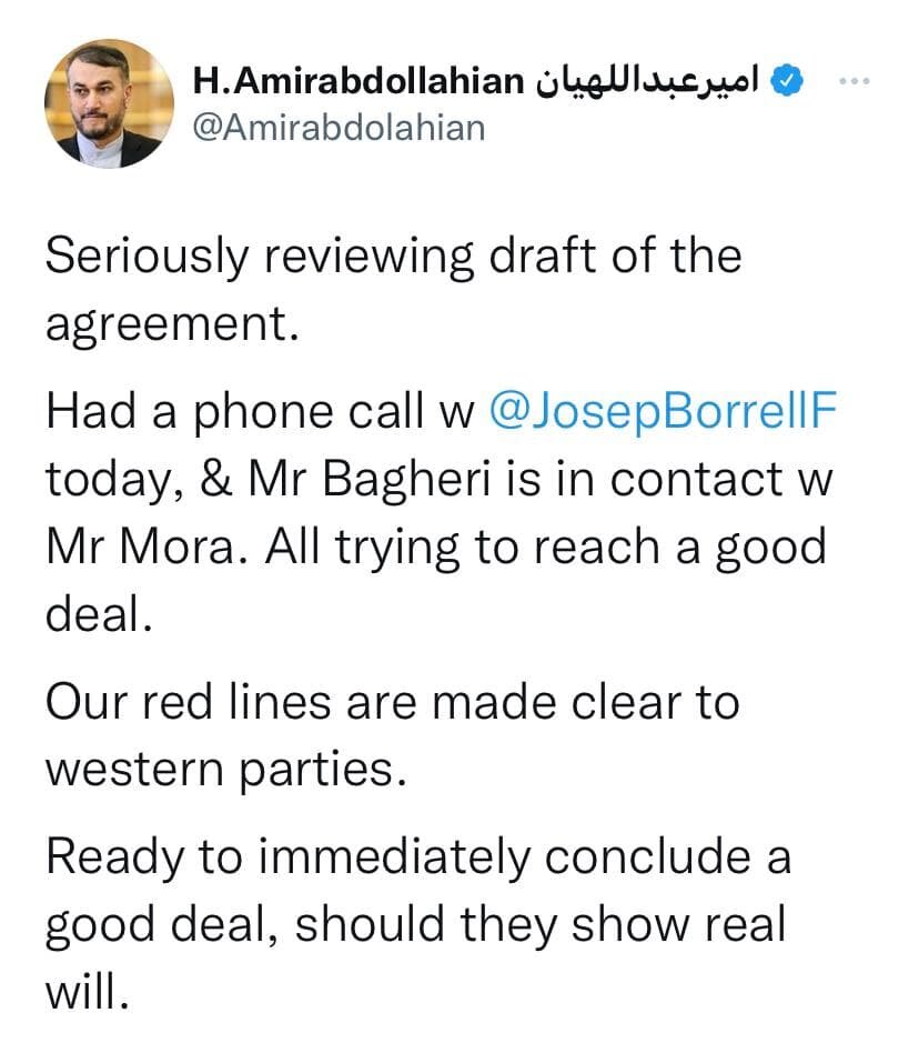 توئیت امیرعبداللهیان درباره توافق هسته ای | درحال بررسی متن توافق هستیم