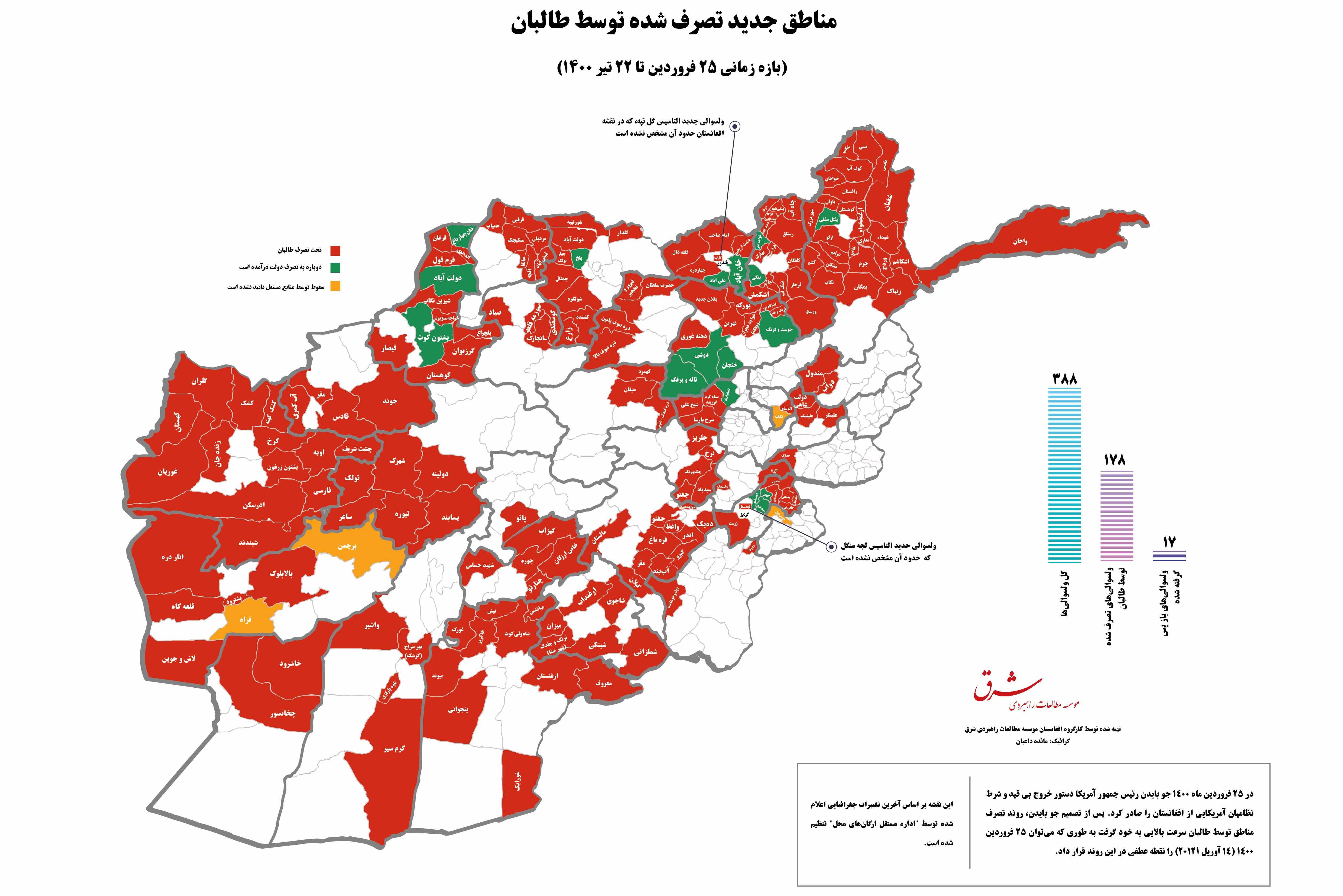 مناطق تصرف شده توسط طالبان تا ۲۲ تیرماه ۱۴۰۰ + نقشه