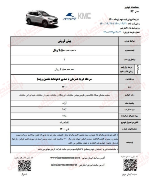 شرایط فروش خودروی جدید شاسی بلند KMC K7 کرمان موتور اعلام شد + جزئیات