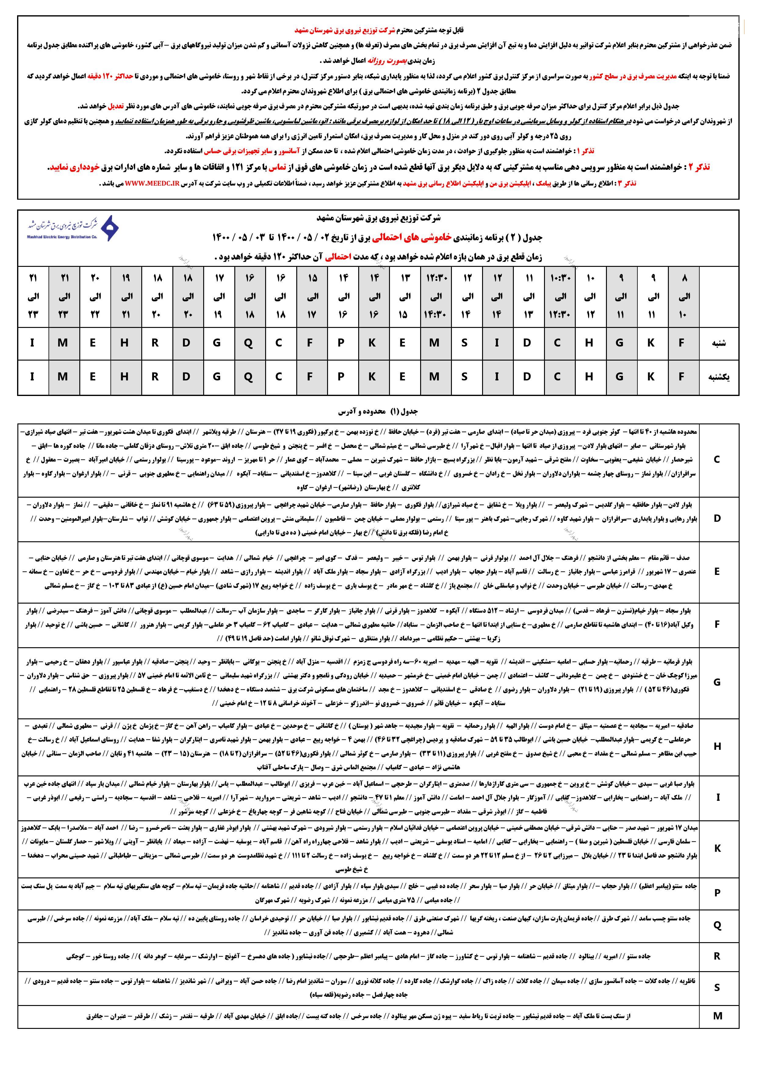 جدول قطعی برق مشهد؛ ۲ و ۳ مرداد ماه ۱۴۰۰ + لیست مناطق