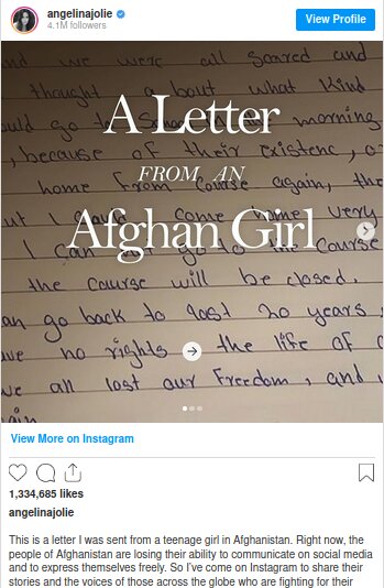آنجلینا جولی در حمایت از زنان و دختران افغانستانی به اینستاگرام آمد