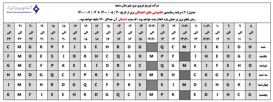 جدول قطعی برق مشهد؛ امروز ۳۱ مرداد ۱۴۰۰ + لیست مناطق