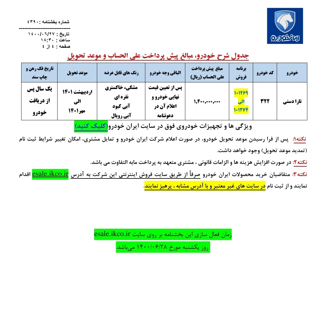پیش فروش خودرو تارا ایران خودرو از فردا ۲۸ شهریور + جزئیات، لینک ثبت نام و مبلغ پیش