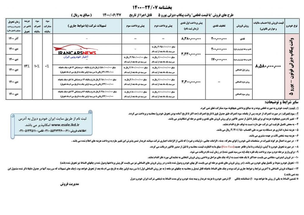 فروش نقدی و اقساطی پیکاپ فوتون ایران خودرو دیزل  اعلام شد+ جزئیات (۲ مهرماه ۱۴۰۰)