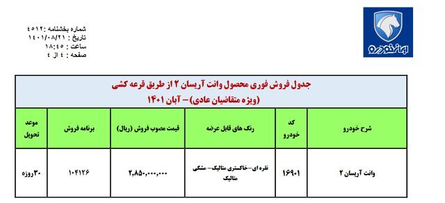 اولین فروش فوری با قرعه‌کشی ایران خودرو|آریسان‌های جدید ایران‌خودرو عرضه می‌شود (۲۲ آبان ماه ۱۴۰۱)