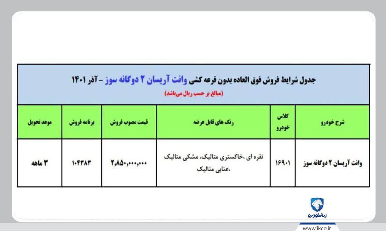 فروش فوق‌العاده آریسان ۲ دوگانه سوز «ایران خودرو» از سه‌شنبه ۲۹ آذرماه ۱۴۰۱+ جدول و لینک ثبت نام