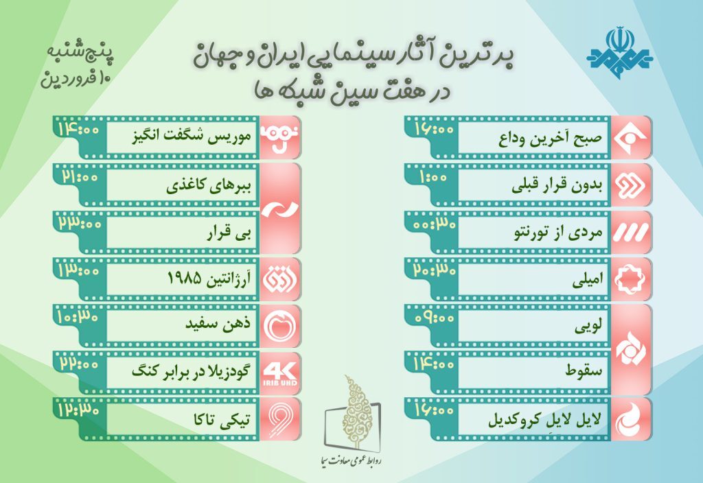 اسامی و زمان پخش فیلم های سینمایی تلویزیون در ایام نوروز (۱۰ فروردین ۱۴۰۲)