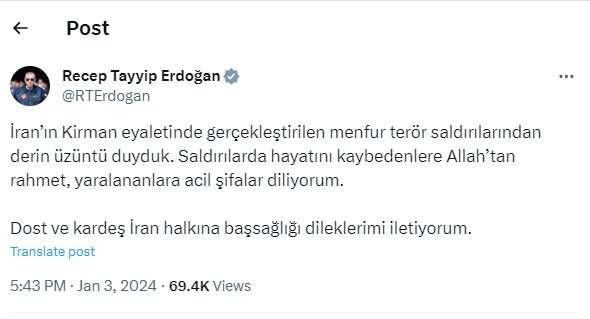 واکنش اردوغان به حادثه تروریستی کرمان