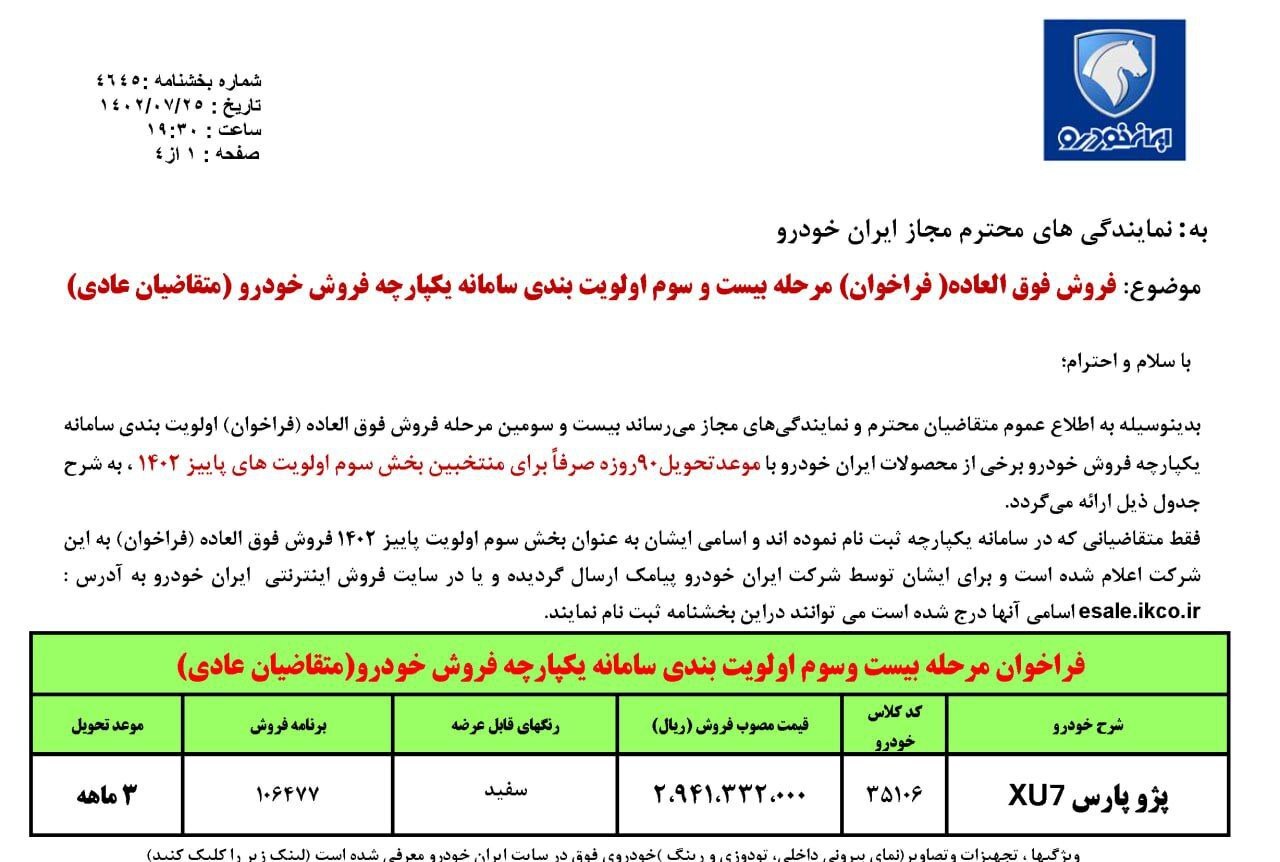 طرح  فروش فوق العاده پژو پارس سال ایران خودرو ازطریق اولویت بندی سامانه یکپارچه