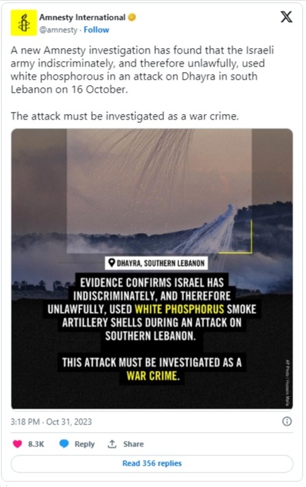 عفو بین‌الملل: ارتش اسرائیل در حمله به جنوب لبنان از فسفر سفید استفاده کرده + عکس