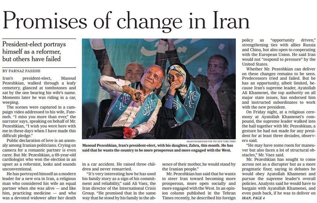 پزشکیان با تیتر «وعده‌های تغییر در ایران» در صفحه اول نیویورک‌تایمز