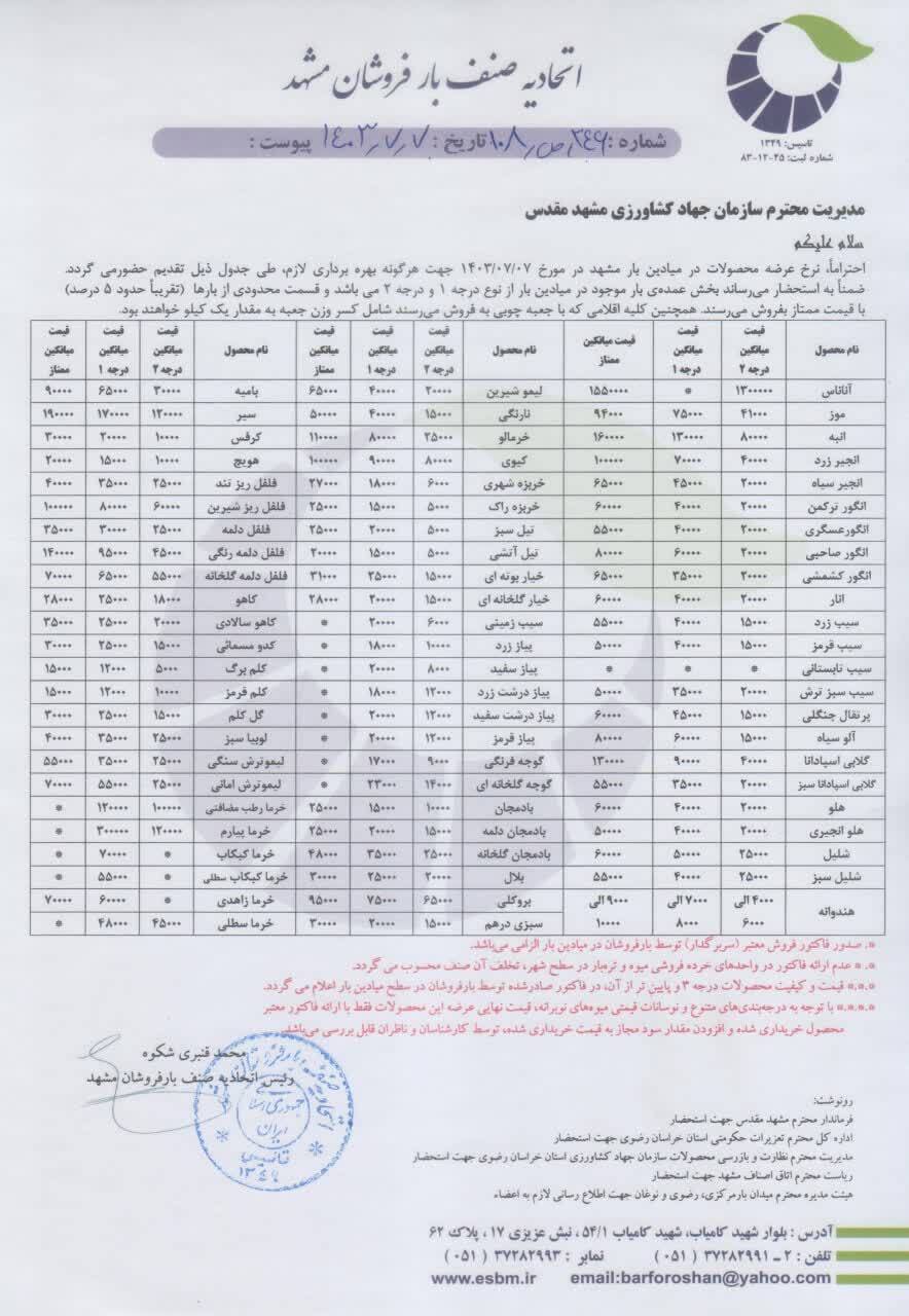 قیمت عمده امروز میوه و صیفی جات اعلام شد (۷ مهر ۱۴۰۳)