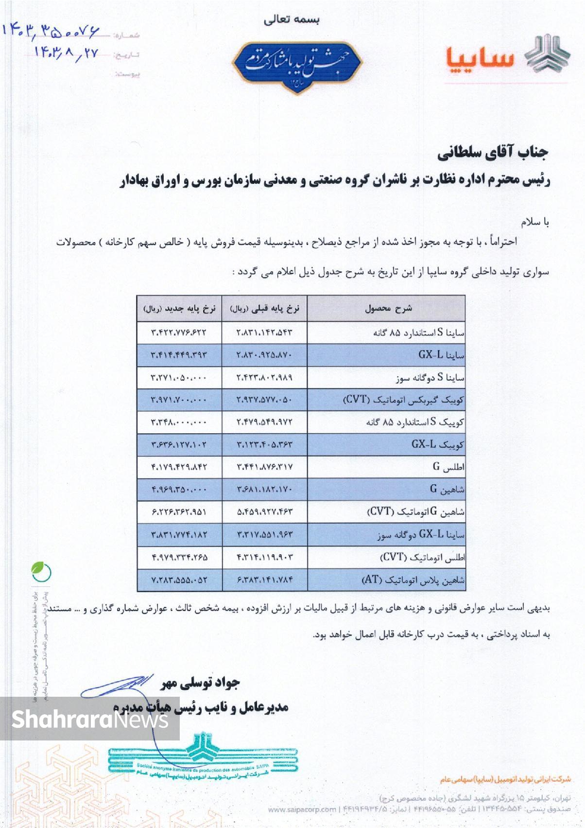 اعلام رسمی افزایش قیمت محصولات ایران خودرو و سایپا + جزئیات (27 آبان 1403 هجری قمری)