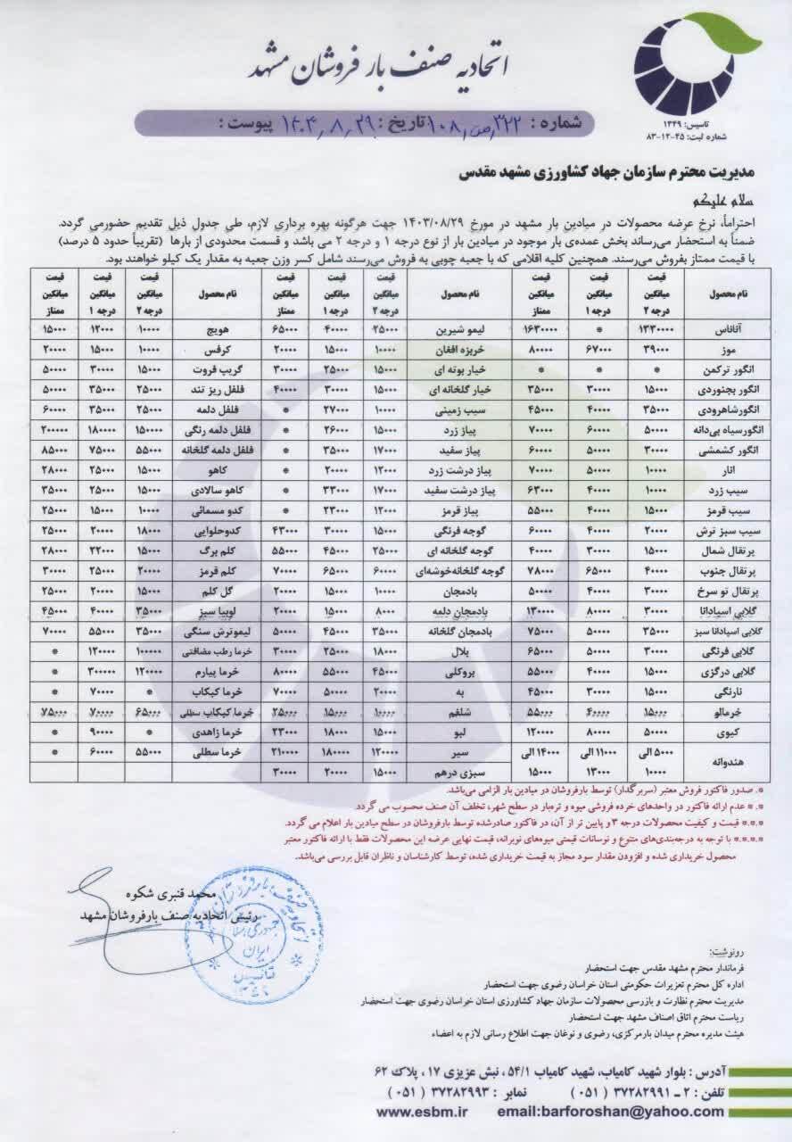 قیمت امروز میوه و صیفی جات در مشهد (۲۹ آبان ۱۴۰۳) | سیر و پیاز چند؟