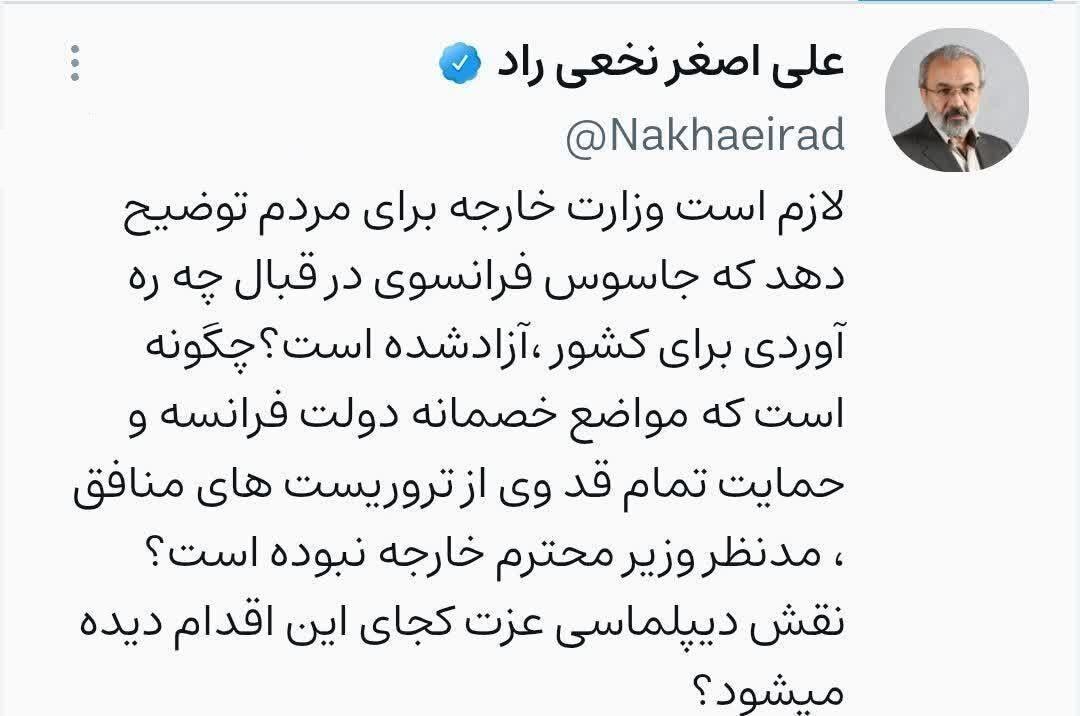 انتقاد نماینده مردم مشهد از وزیر امور خارجه در خصوص آزادی جاسوس فرانسوی