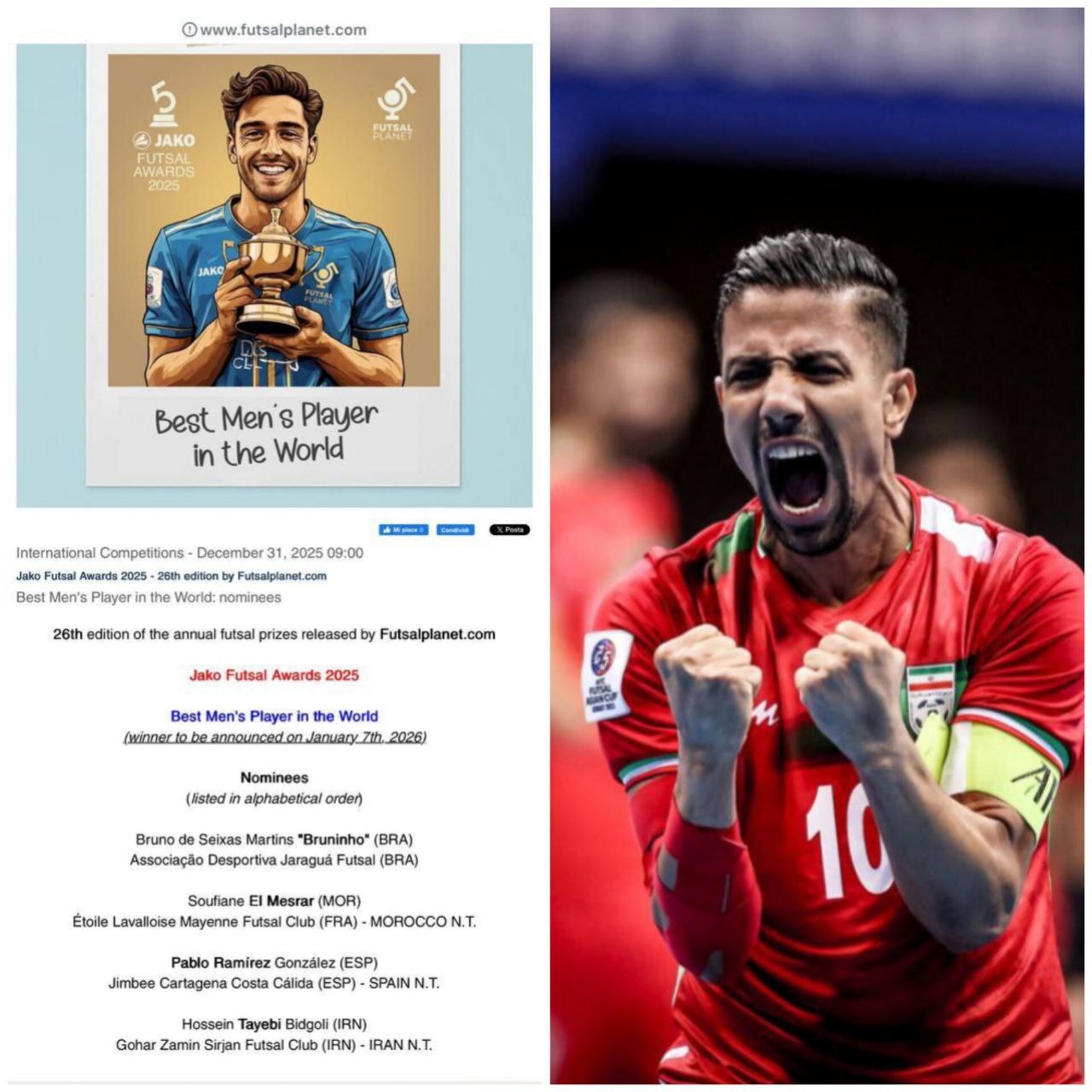 حسین طیبی برای پنجمین نامزد بهترین بازیکن فوتسال جهان شد