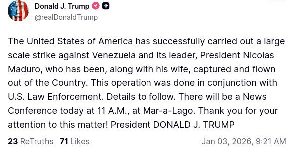 ادعای ترامپ: مادورو و همسرش بازداشت شدند