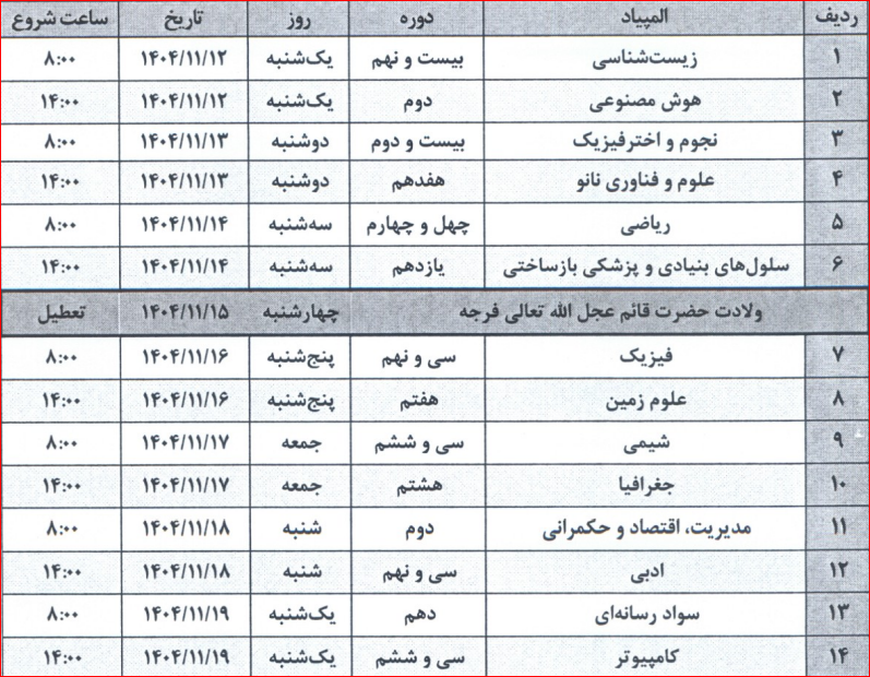زمانبندی جدید المپیادهای علمی دانشآموزی ۱۴۰۵-۱۴۰۴ اعلام شد زمانبندی جدید المپیادهای علمی دانشآموزی ۱۴۰۵-۱۴۰۴ اعلام شد