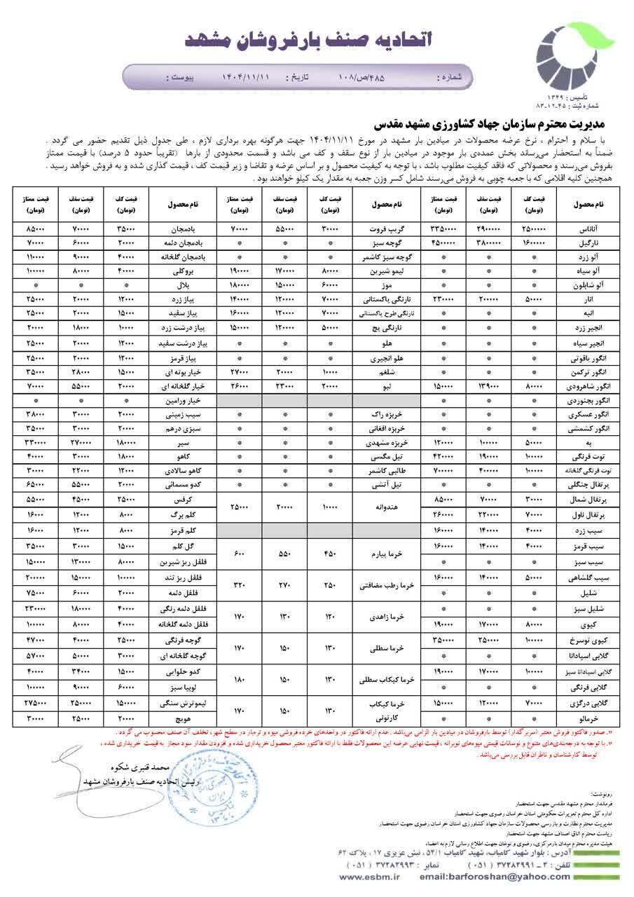 قیمت امروز میوه و تره بار در مشهد (۱۱ بهمن ۱۴۰۴) | ارزانترین میوه چیست؟ قیمت امروز میوه و تره بار در مشهد (۱۱ بهمن ۱۴۰۴) | ارزانترین میوه چیست؟