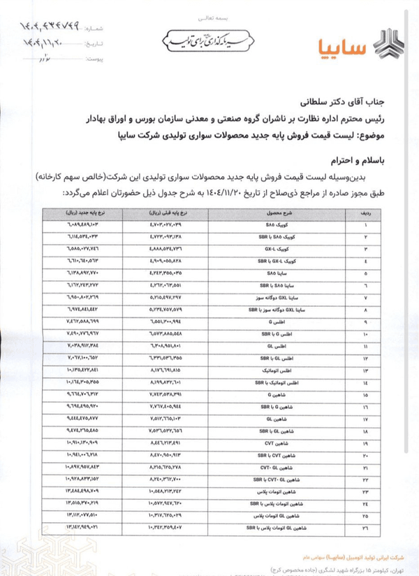 سایپا قیمت جدید محصولاتش را اعلام کرد