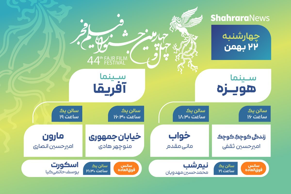 برنامه اکران سینما‌های مشهد در آخرین روز جشنواره فیلم فجر (چهارشنبه، ۲۲ بهمن ۱۴۰۴) + جدول زمان‌بندی