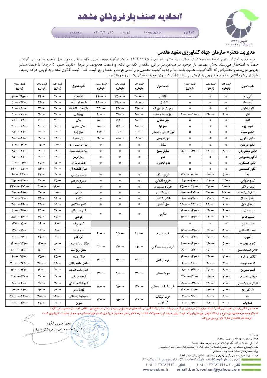 قیمت امروز میوه و تره‌بار در مشهد (۲۵ بهمن ۱۴۰۴) | موز گران شد