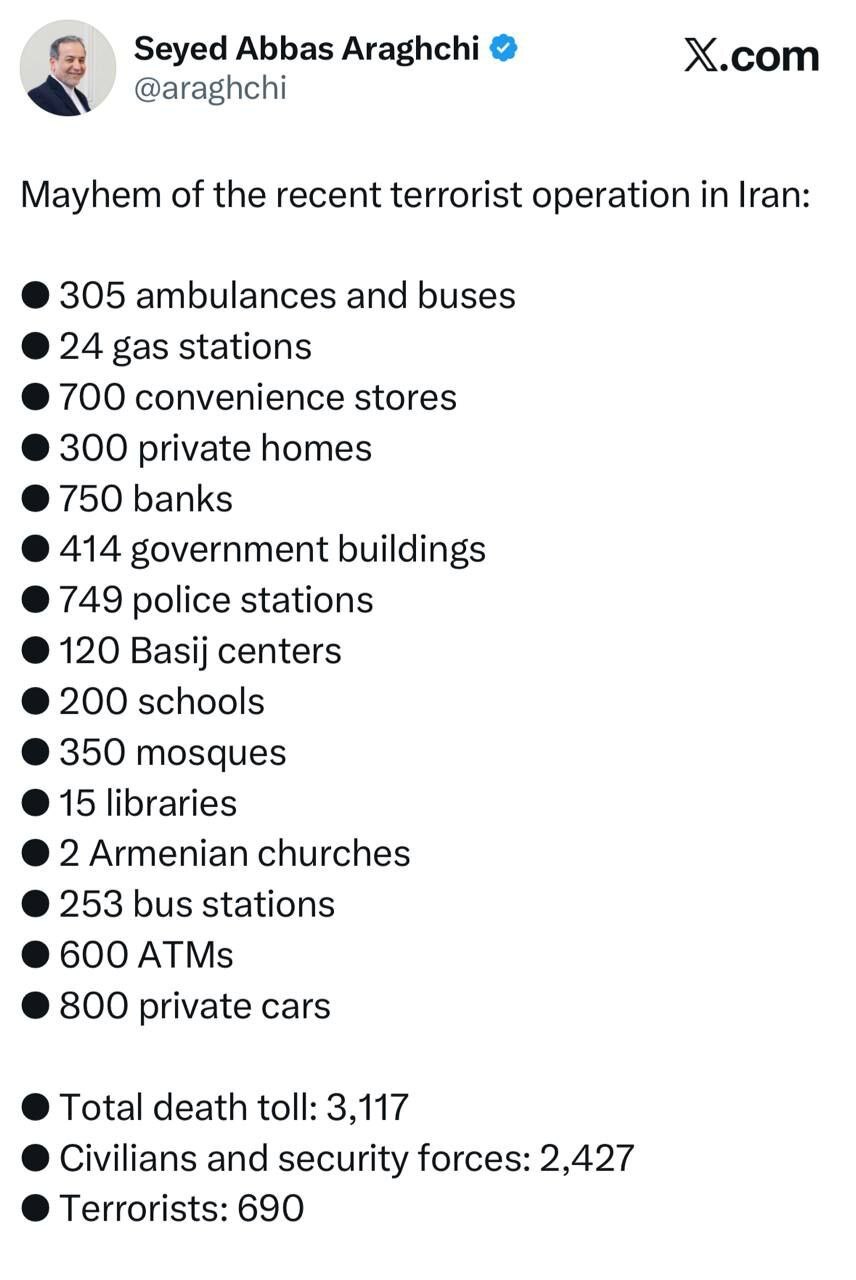 آمار وزیر امور خارجه کشور از ویرانی و تلفات عملیات تروریستی اخیر (۳ بهمن ۱۴۰۴) + عکس آمار وزیر امور خارجه کشور از ویرانی و تلفات عملیات تروریستی اخیر (۳ بهمن ۱۴۰۴) + عکس