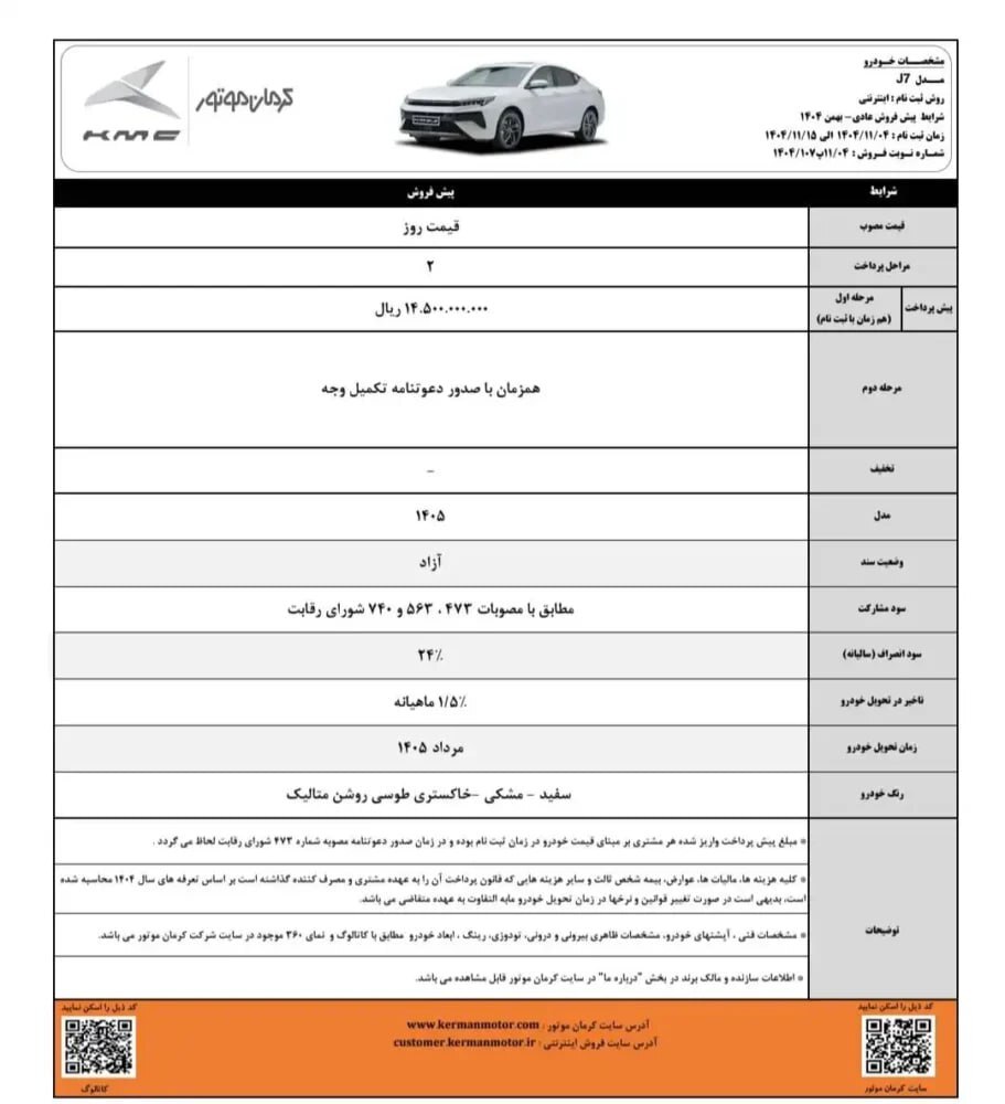 اعلام شرایط فروش پنج محصول کرمان موتور (۴ بهمن ۱۴۰۴) اعلام شرایط فروش پنج محصول کرمان موتور (۴ بهمن ۱۴۰۴)