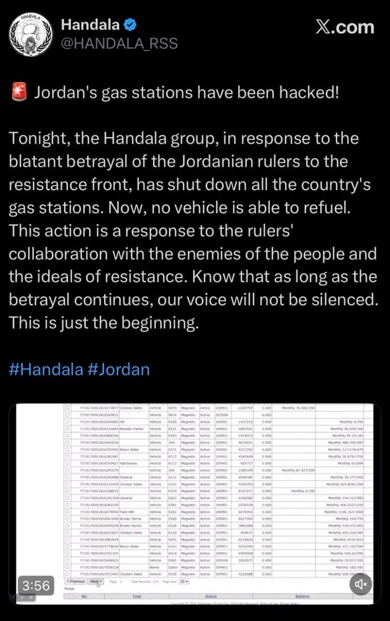 پمپ بنزین های اردن هک شد | گروه هکری حنظله مسئولیت اش را پذیرفت