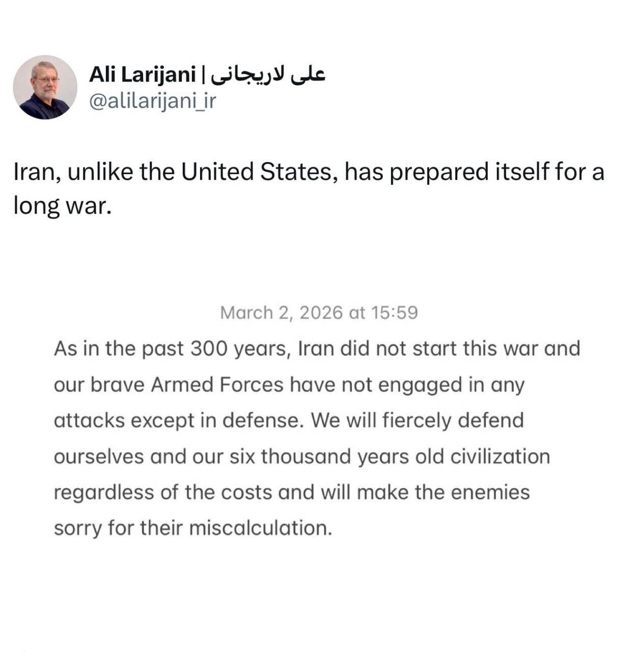علی لاریجانی: ایران برای یک جنگ طولانی مدت آماده است. برخلاف آمادگی امریکا