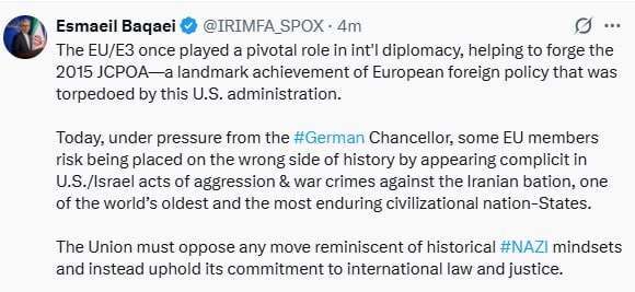 بقایی: اتحادیه اروپا باید با هرگونه حرکتی که یادآور طرز فکر تاریخی نازی است، مخالفت کند