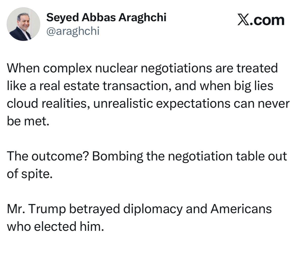 عراقچی: ترامپ به دیپلماسی و مردم آمریکا خیانت کرد | بمباران میز مذاکره از سر کینه و لجبازی