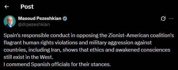 پزشکیان: از مواضع مقامات اسپانیا قدردانی می‌کنم
