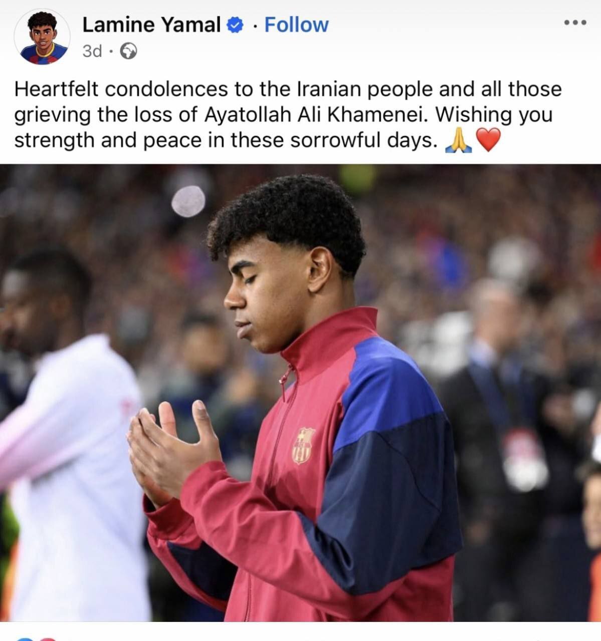 پست لمین یامال، فوق ستاره باشگاه بارسلونا برای شهادت آیت‌الله خامنه‌ای