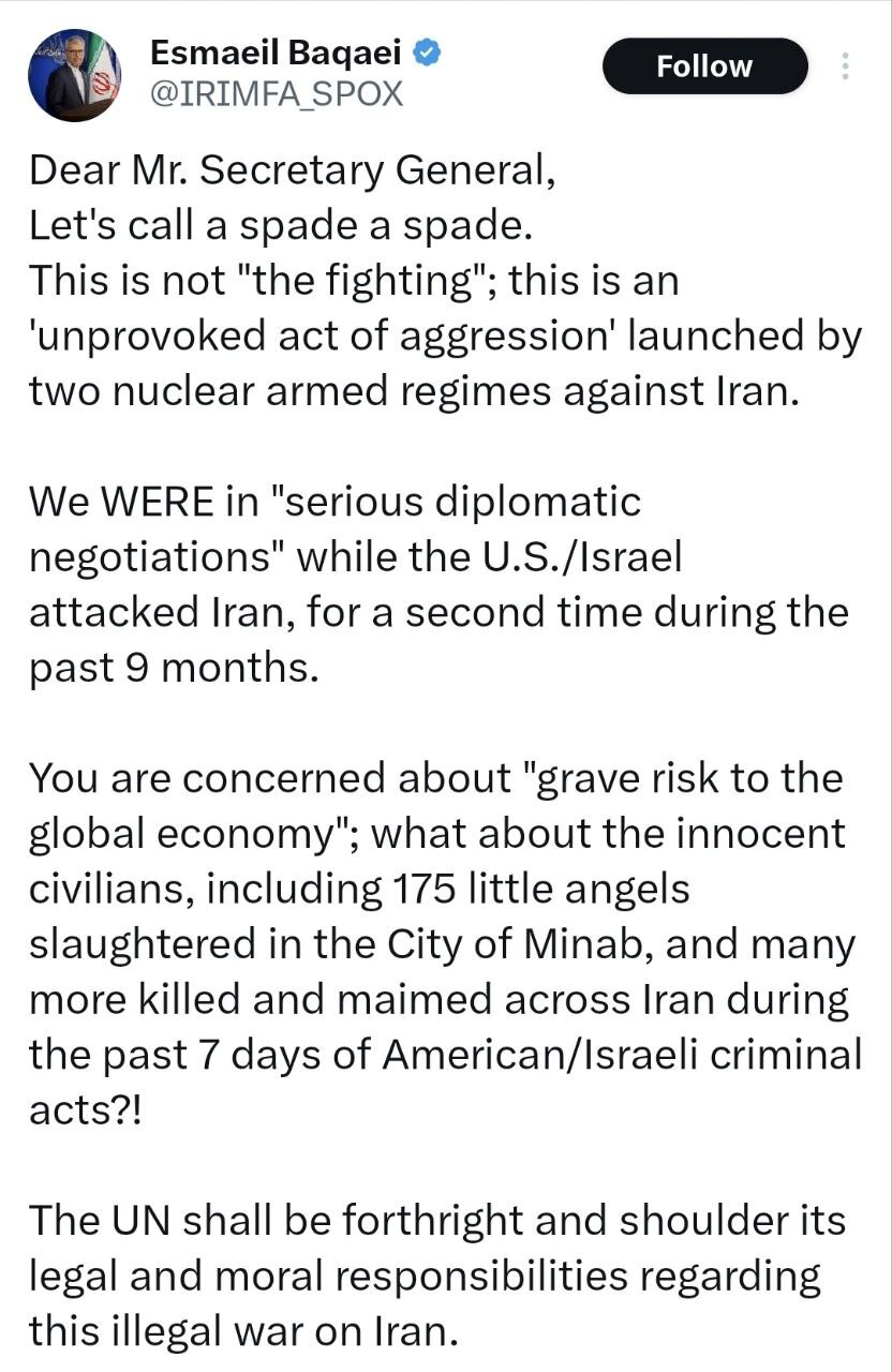 بقایی خطاب به گوترش: این «جنگ» نیست، یک «اقدام تجاوزکارانه بی‌دلیل» است