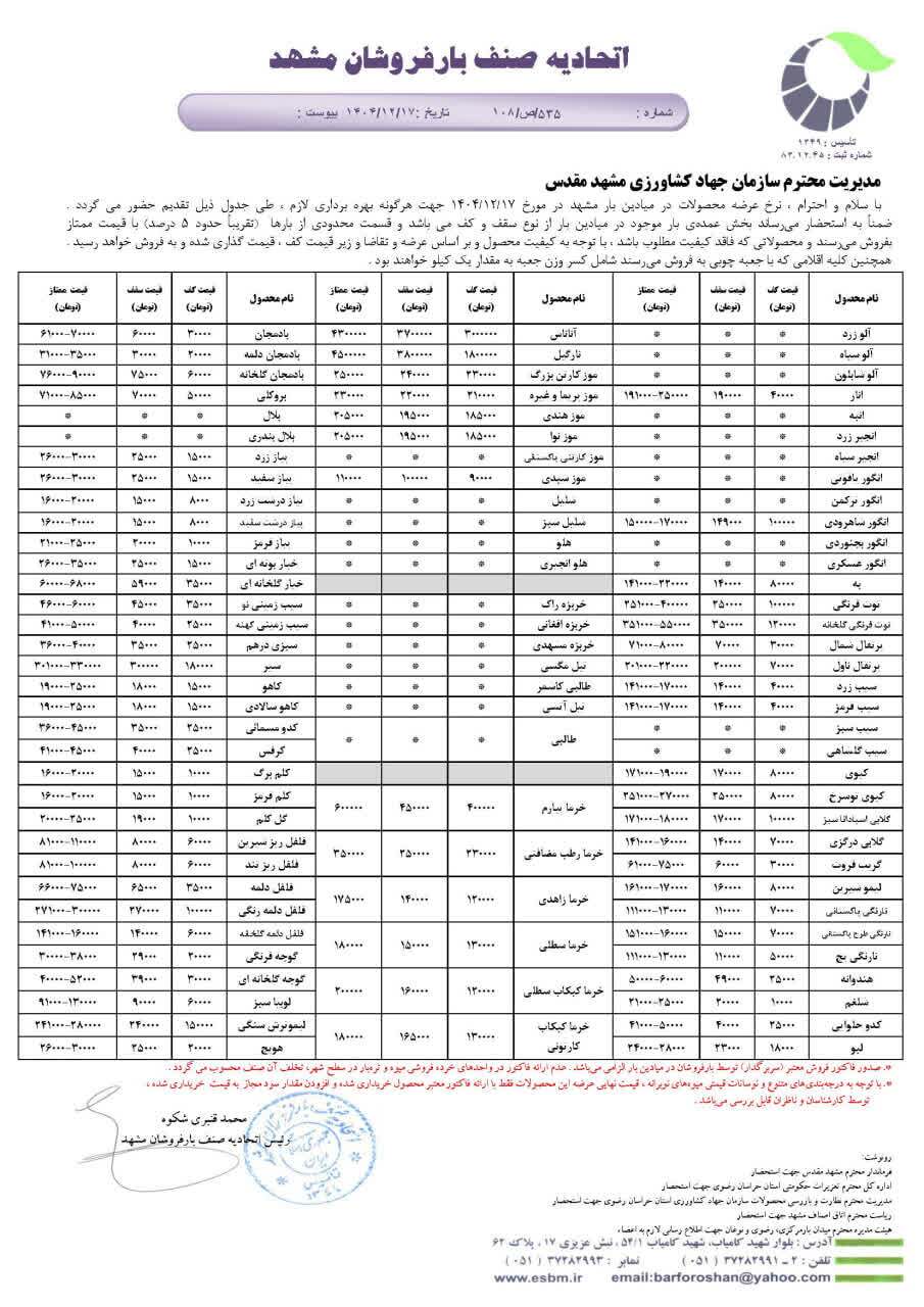 قیمت میوه و تره بار در مشهد (۱۷ اسفند ۱۴۰۴) | میوه را امروز چند بخریم؟