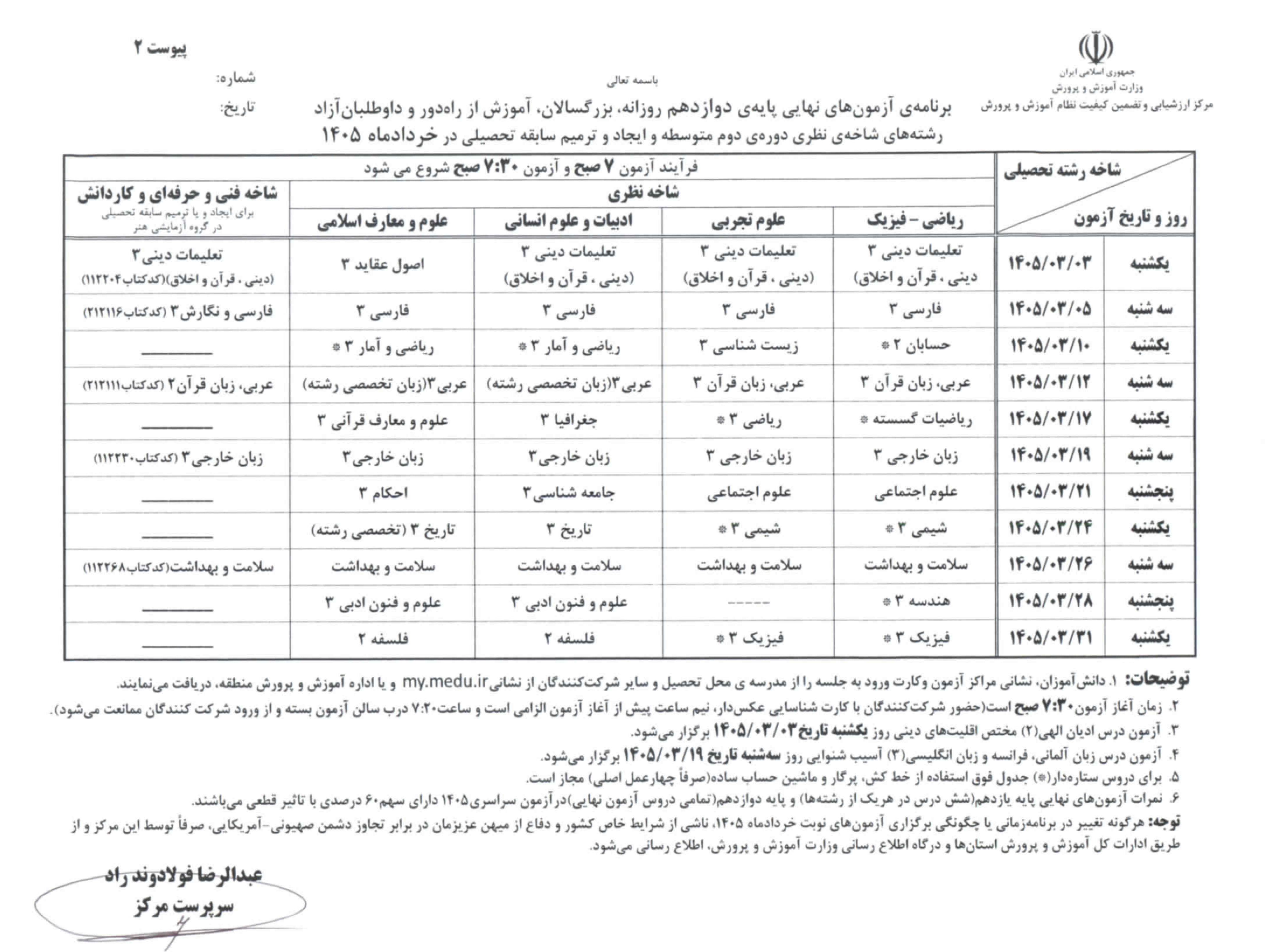 برنامه امتحانات نهایی مدارس در خرداد ۱۴۰۵ اعلام شد + جدول