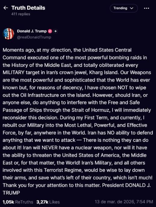 ترامپ مدعی شد: اهداف نظامی در خارک را نابود کردیم | زیرساخت نفتی را هدف نگرفتیم ترامپ مدعی شد: اهداف نظامی در خارک را نابود کردیم | زیرساخت نفتی را هدف نگرفتیم