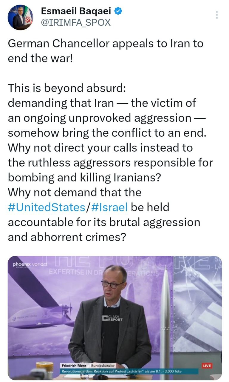 پاسخ سخنگوی وزارت خارجه ایران به صدراعظم آلمان | چه کسی مسئول جنگ است؟ پاسخ سخنگوی وزارت خارجه ایران به صدراعظم آلمان | چه کسی مسئول جنگ است؟