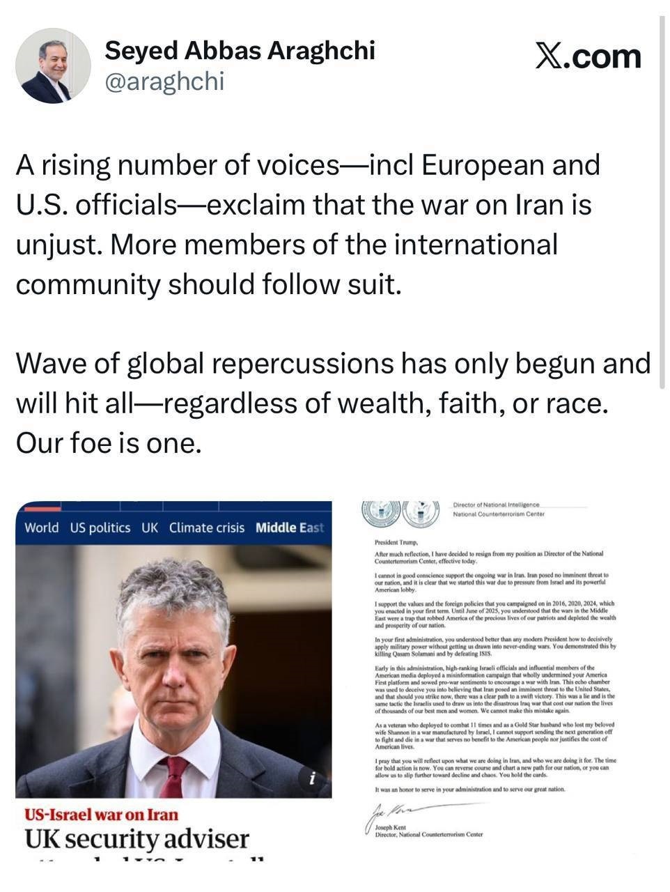 دعوت عراقچی از جامعه بین الملل برای پیوستن به کمپین نه به جنگ ناعادلانه علیه ایران