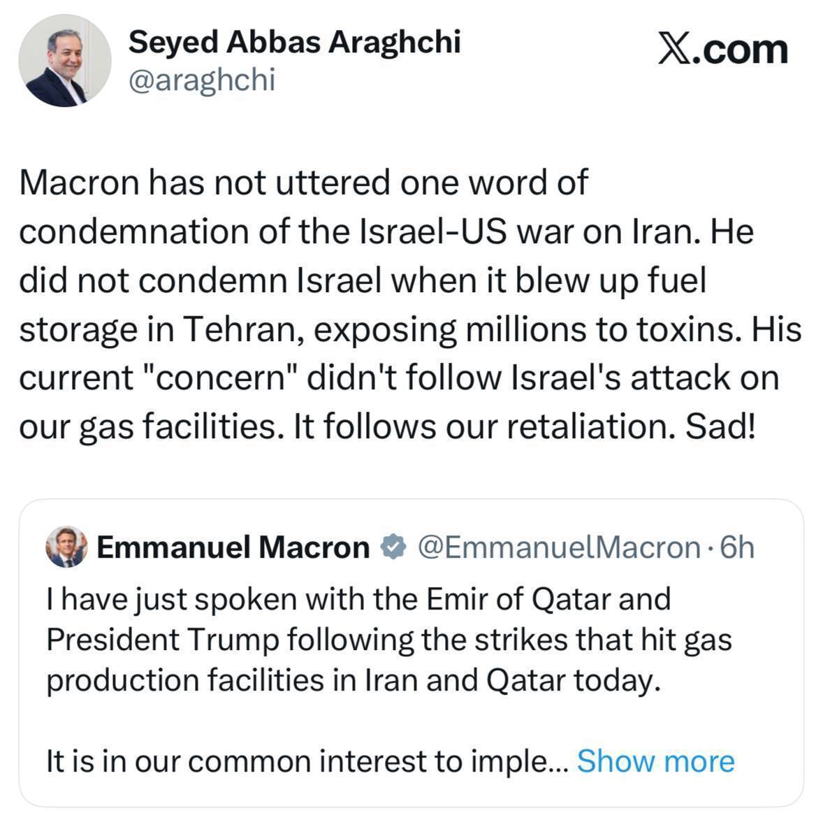 انتقاد عراقچی از سکوت و انفعال رئیس جمهور فرانسه