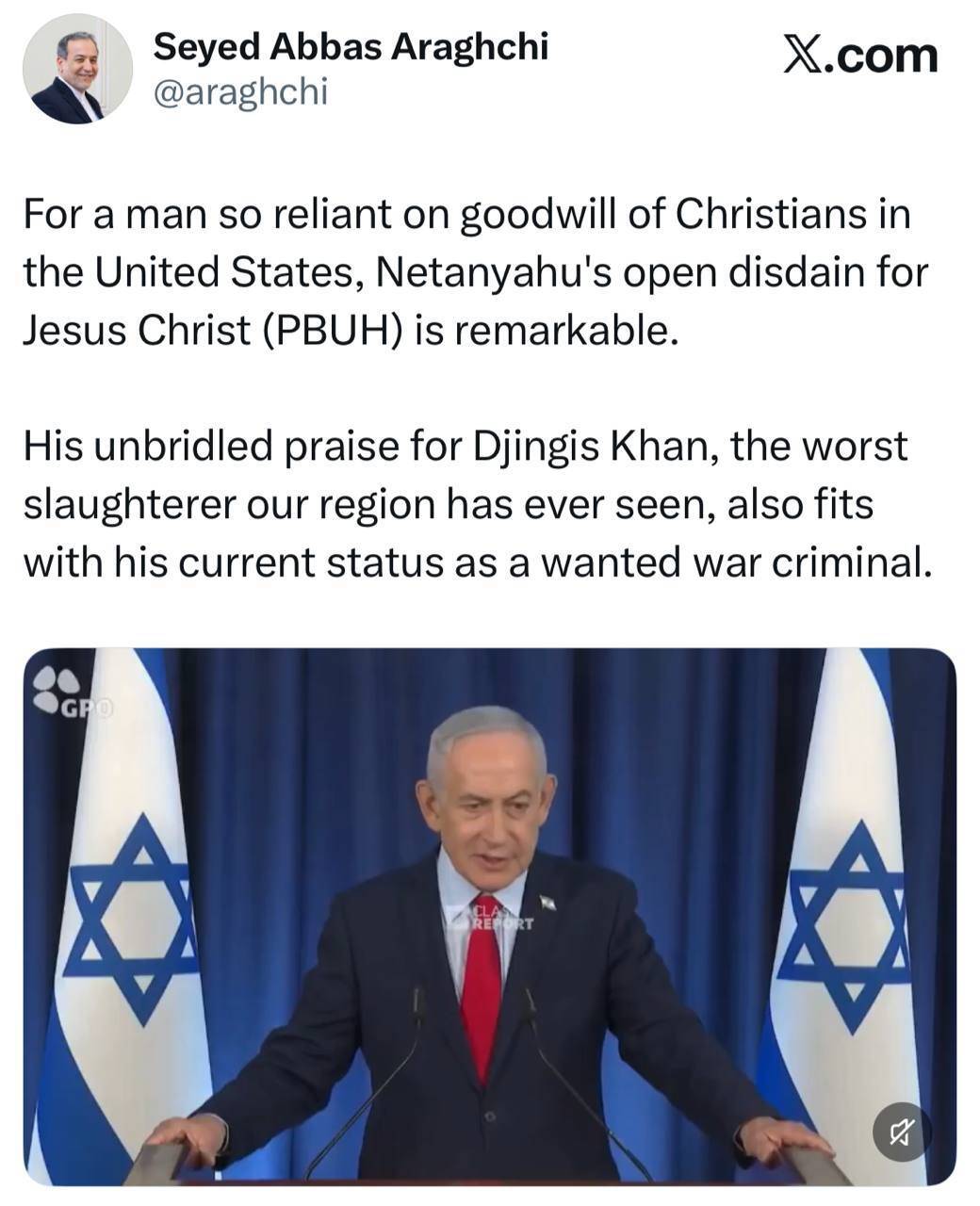 واکنش عراقچی نسبت به تحقیر عیسی مسیح و ستایش چنگیزخان مغول توسط نتانیاهو واکنش عراقچی نسبت به تحقیر عیسی مسیح و ستایش چنگیزخان مغول توسط نتانیاهو